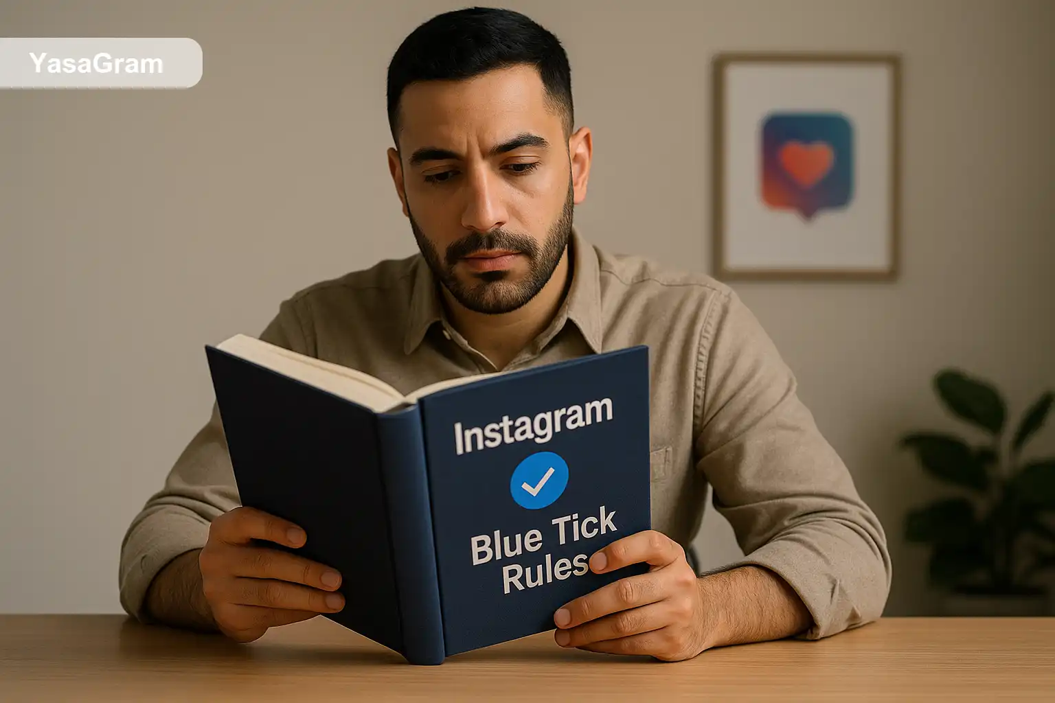 مردی در حال مطالعه قوانین تیک آبی اینستاگرام در یک کتاب آبی
